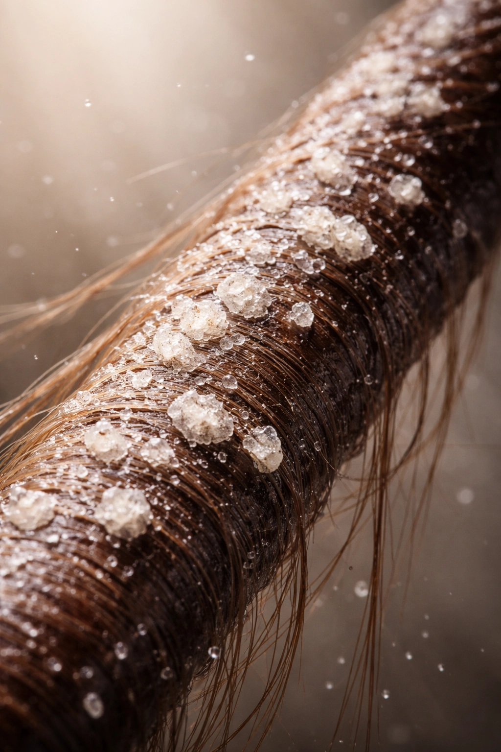 Close-up of hair strand showing mineral deposits from hard water