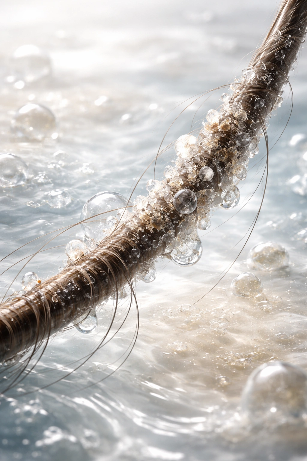 Hair strand with mineral buildup illustrating hard water effects on hair