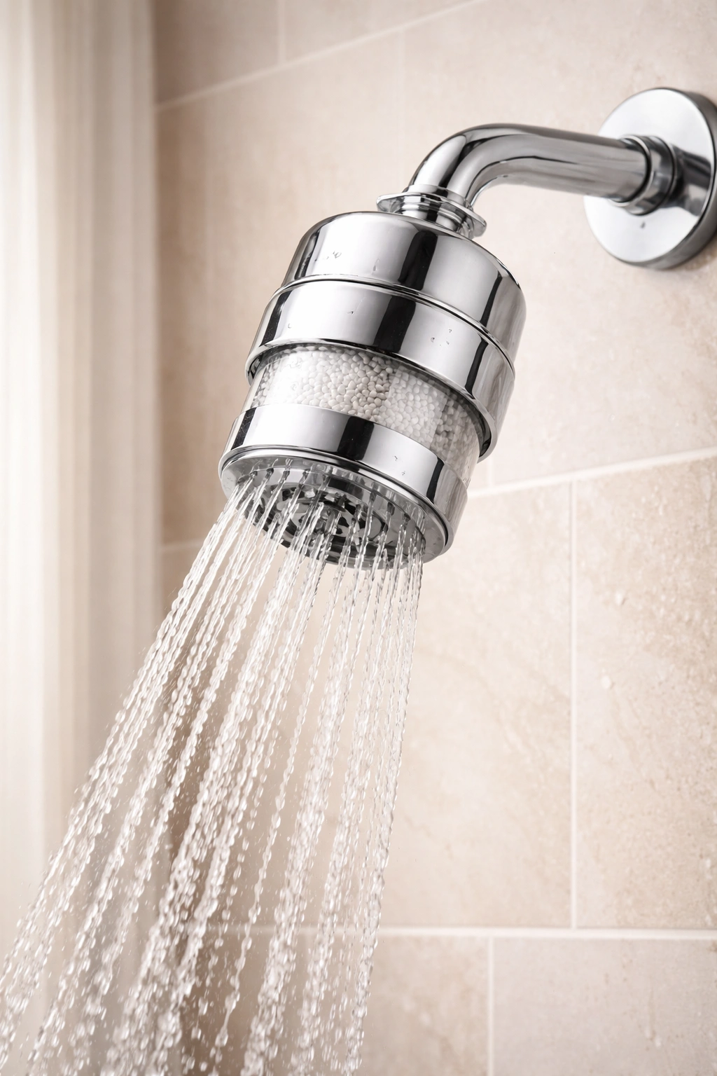 Shower filter on a shower head illustrating hard water protection for hair