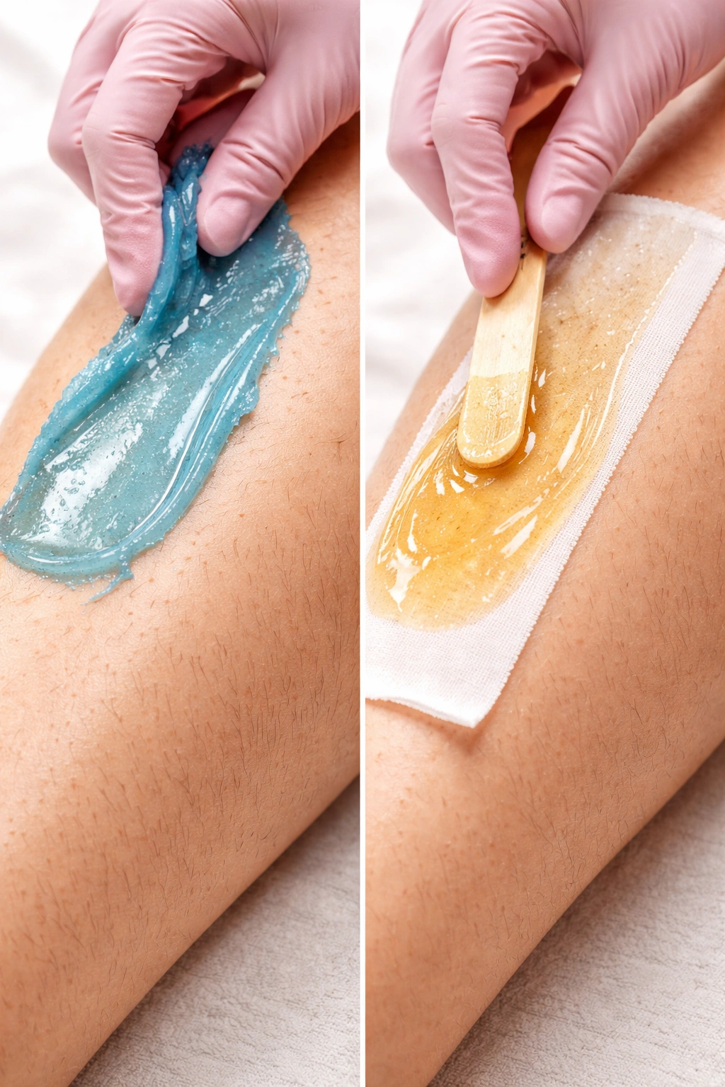 Leg with visible hair length and wax residue in studio light