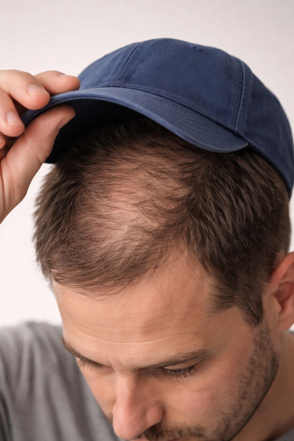 Thinning hair visible beneath hat.
