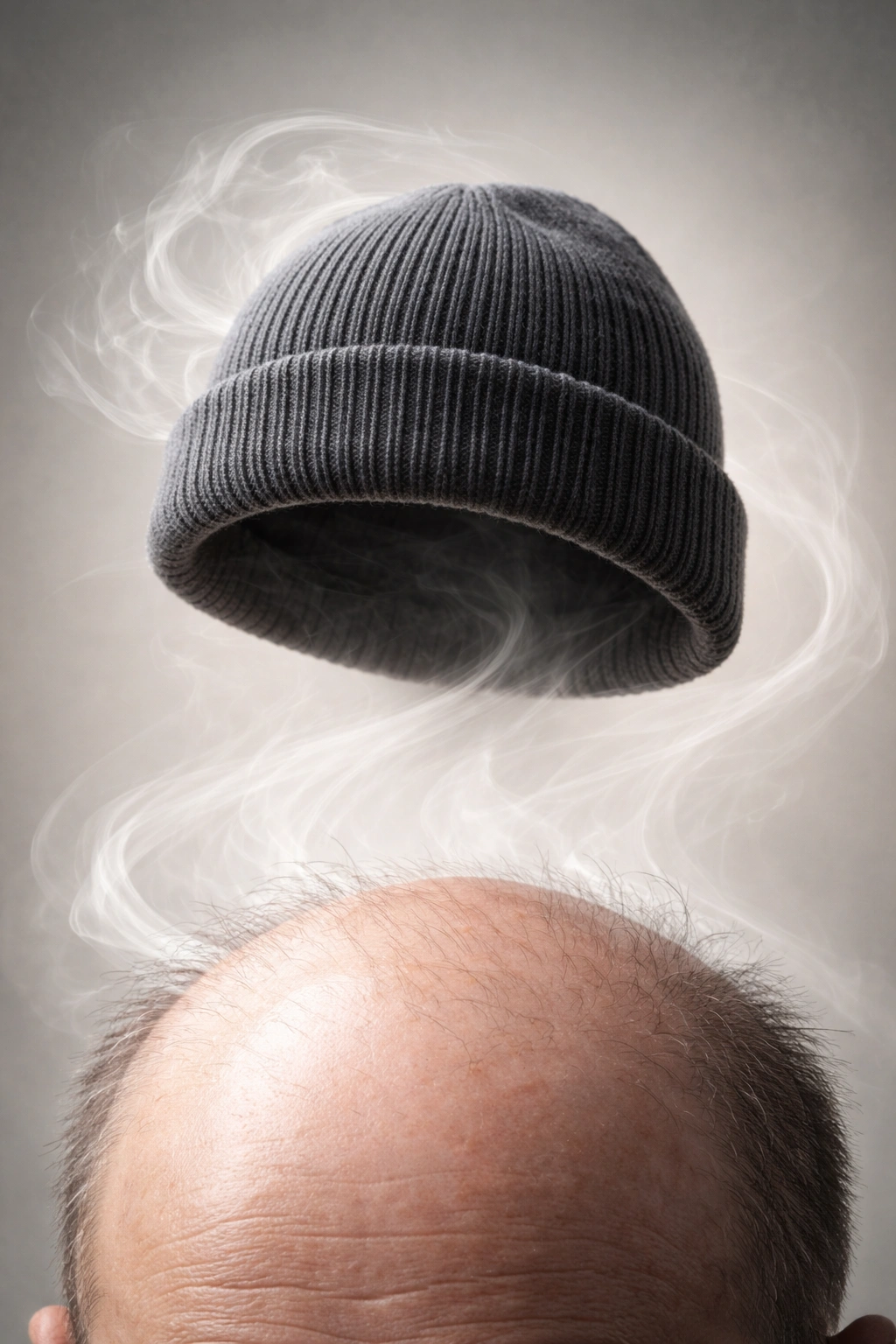 Beanie and scalp silhouette with myth-like motif, illustrating the hat myth about hair loss.