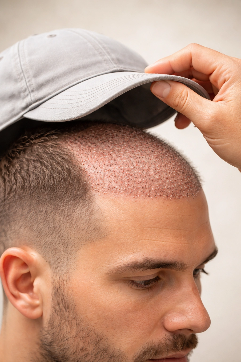 Close-up of head with a soft hat being gently lifted to protect healing grafts