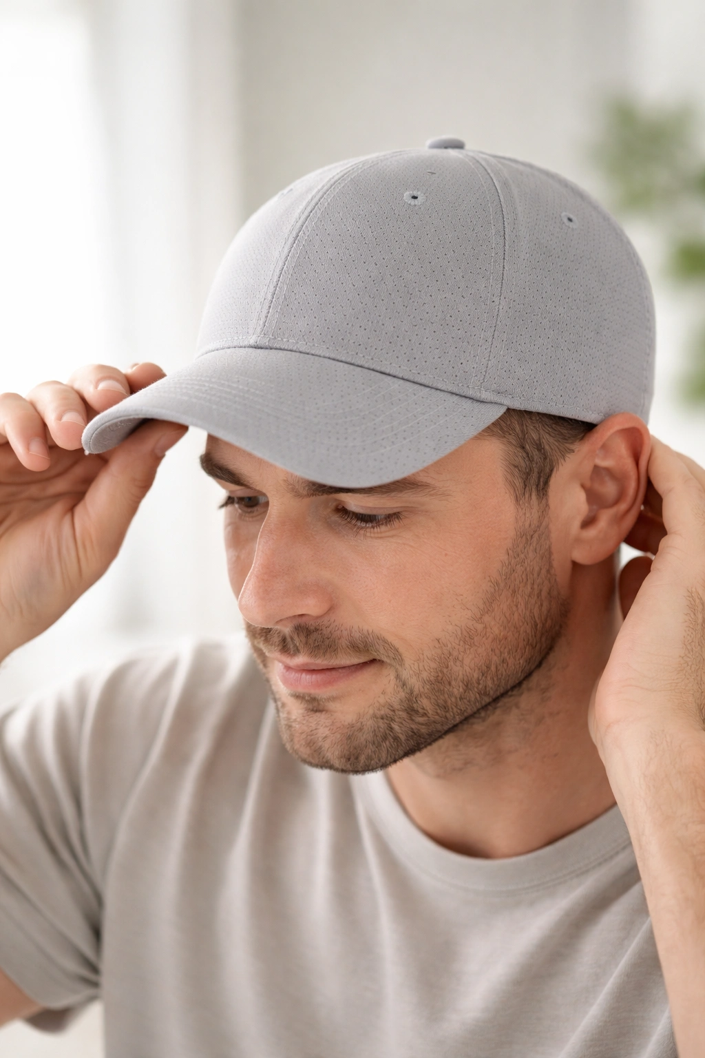 Person evaluating breathable hat fit for hair transplant recovery.