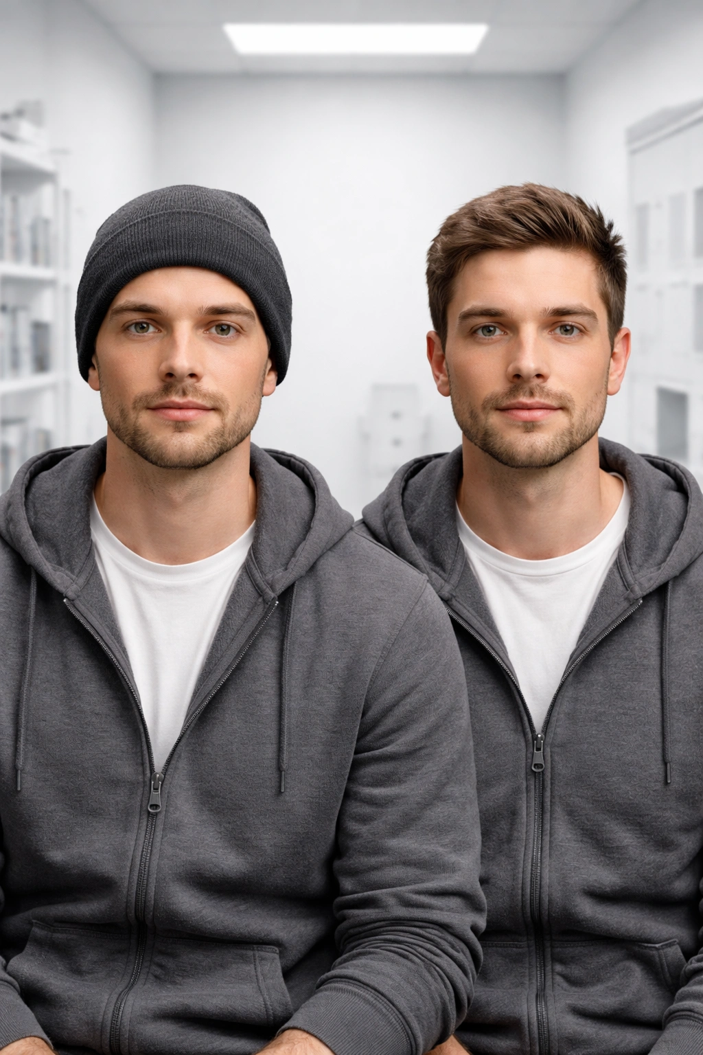 Identical twins side by side, hat versus no hat, illustrating hat research findings.