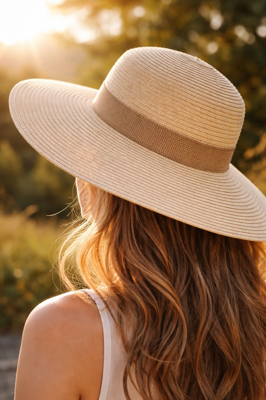 Wide-brim hat shielding scalp from sun in a sunlit outdoor setting