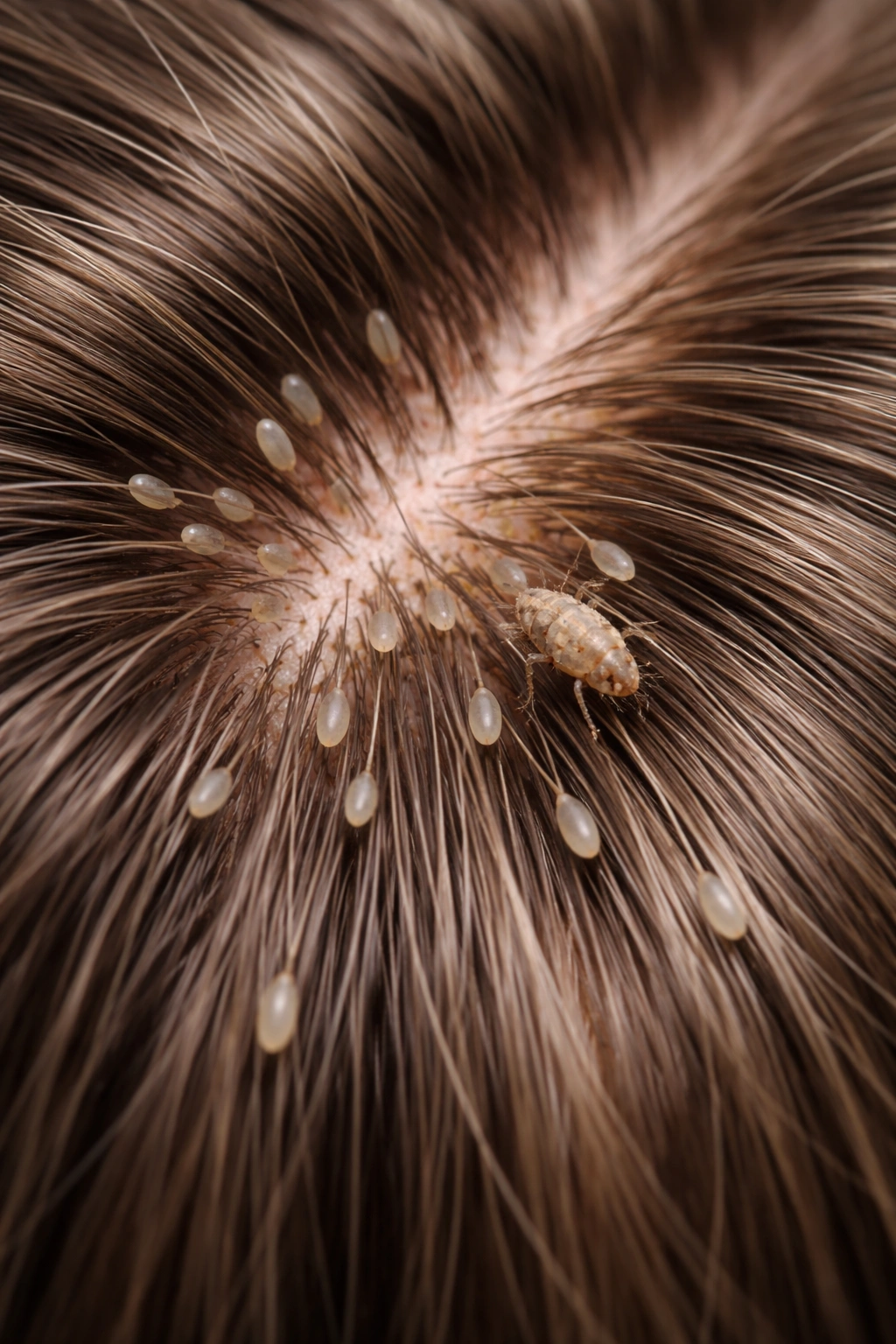 Close-up of hair with nits attached near the scalp