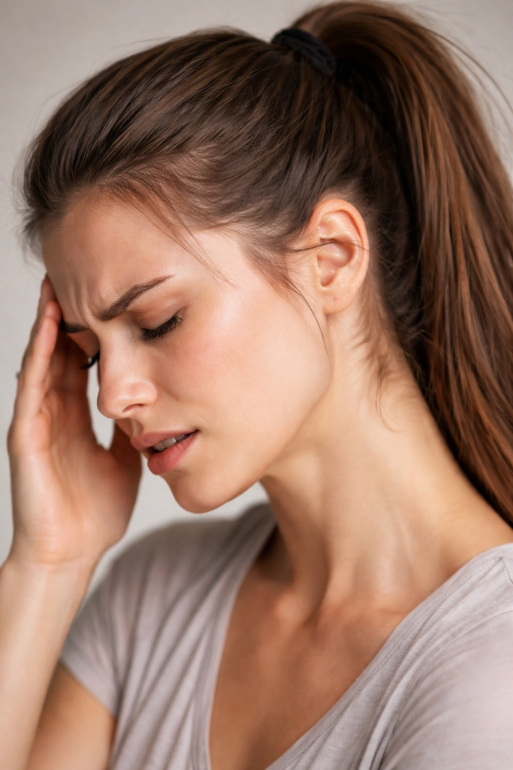 Person showing early signs of hair related headache by holding head