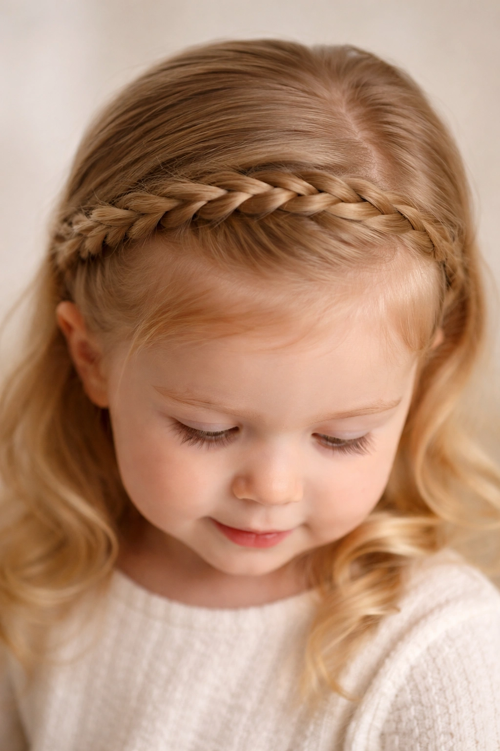Close-up of a toddler's head with a wraparound headband braid along the hairline.