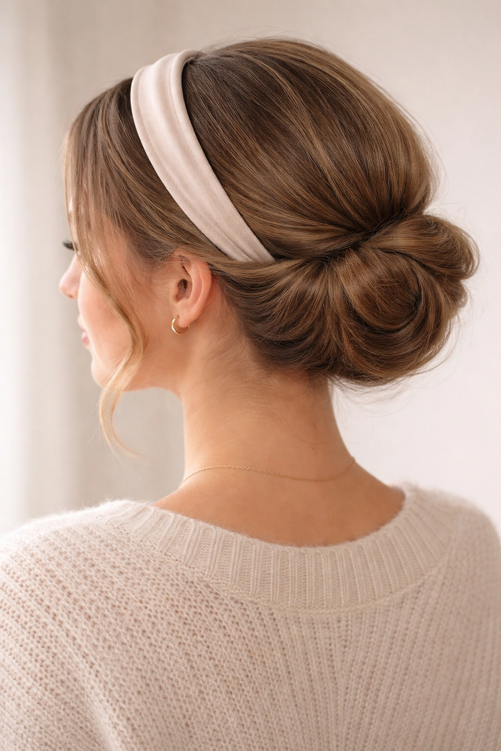 Low rolled updo formed by tucking hair into a headband