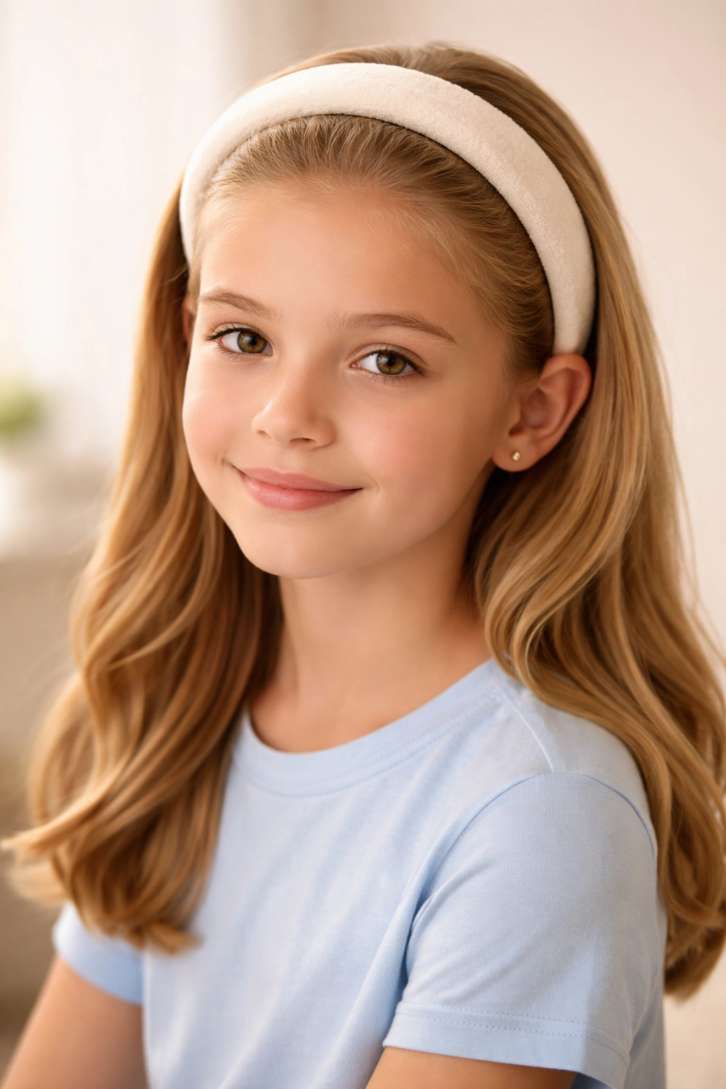 Head and shoulders profile highlighting a thick padded headband and face-framing hair