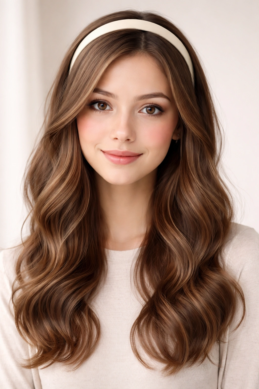 Front-facing close-up of soft waves with a headband behind the hairline