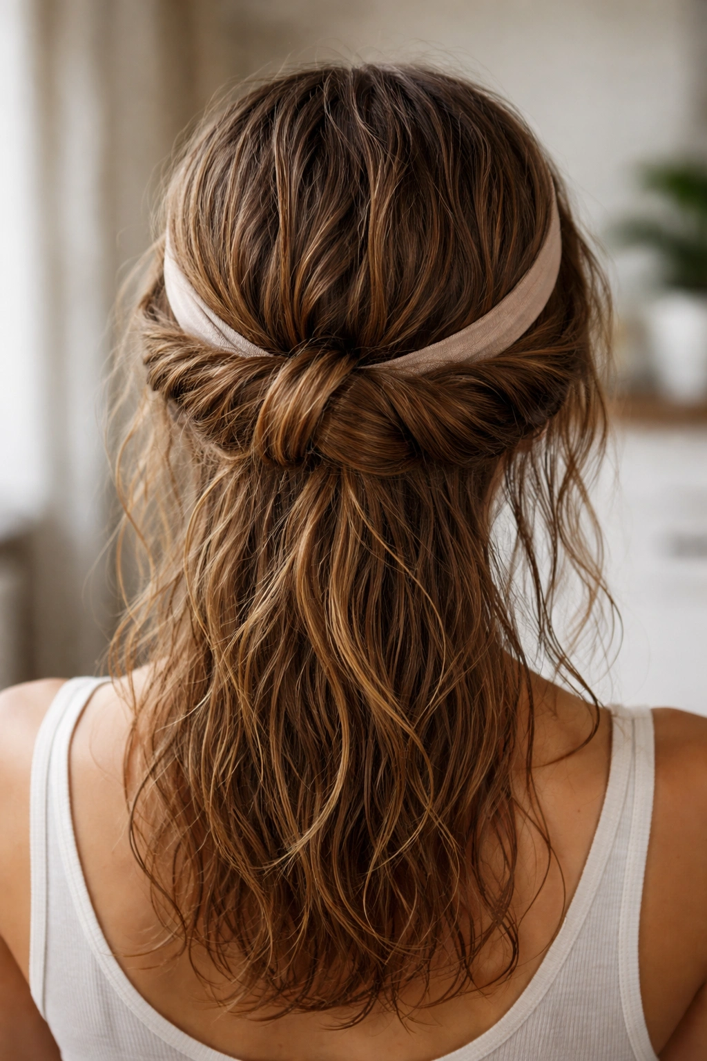 Back view of head with wide elastic headband and tucked hair