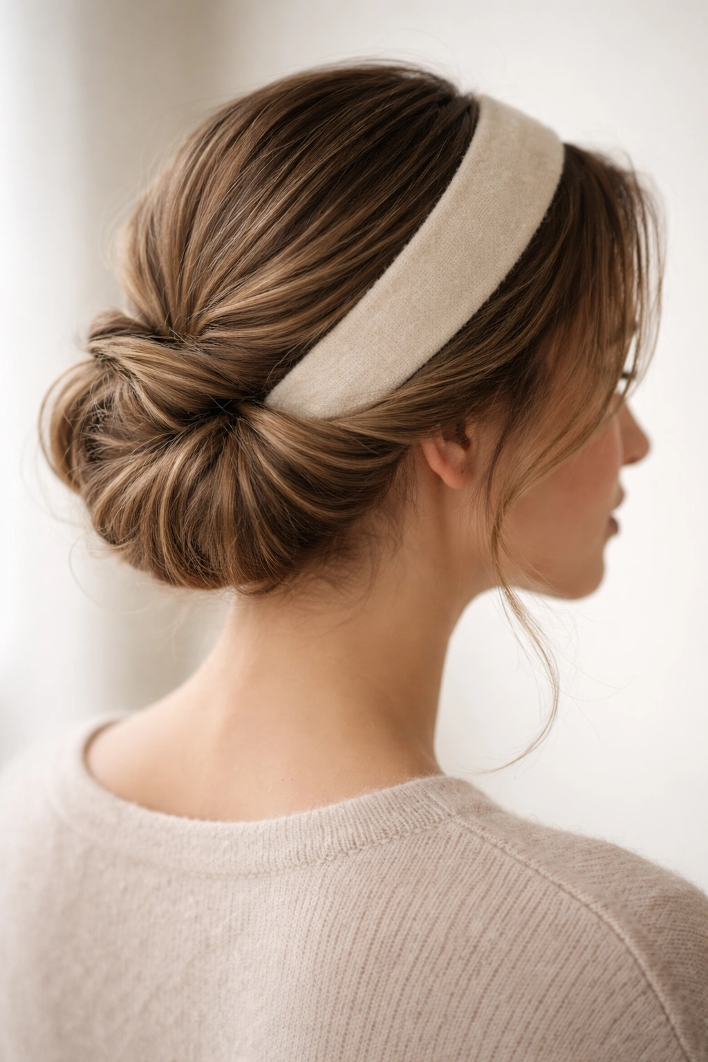 Side view of hair tucked around a wide headband forming an updo