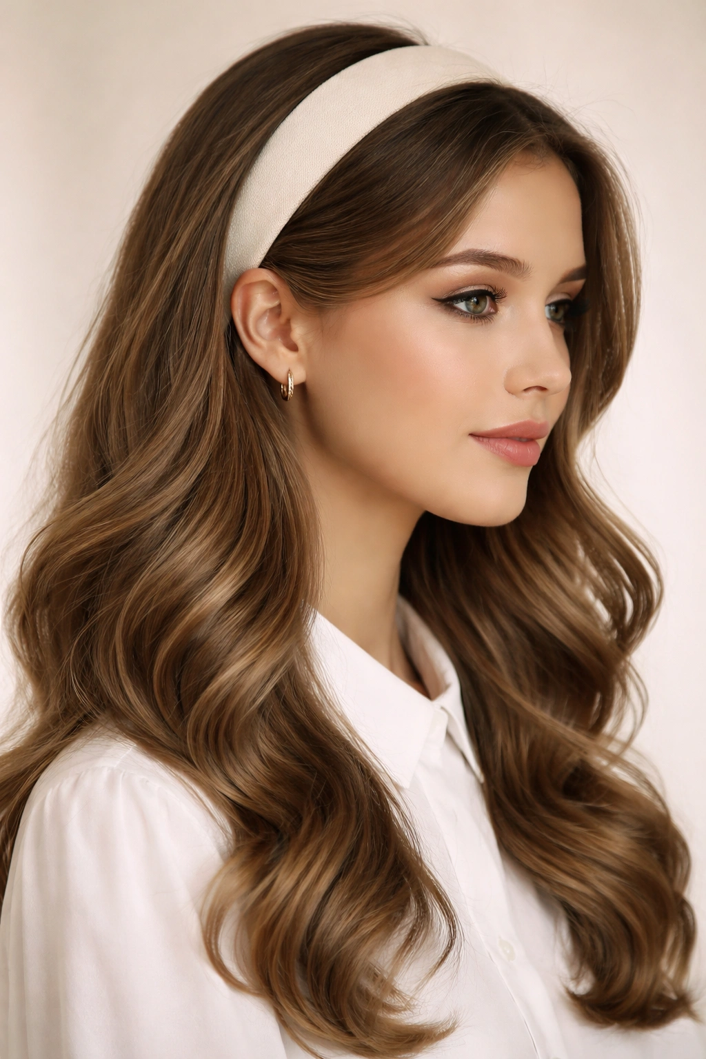 Soft waves with a fabric headband placed behind the hairline