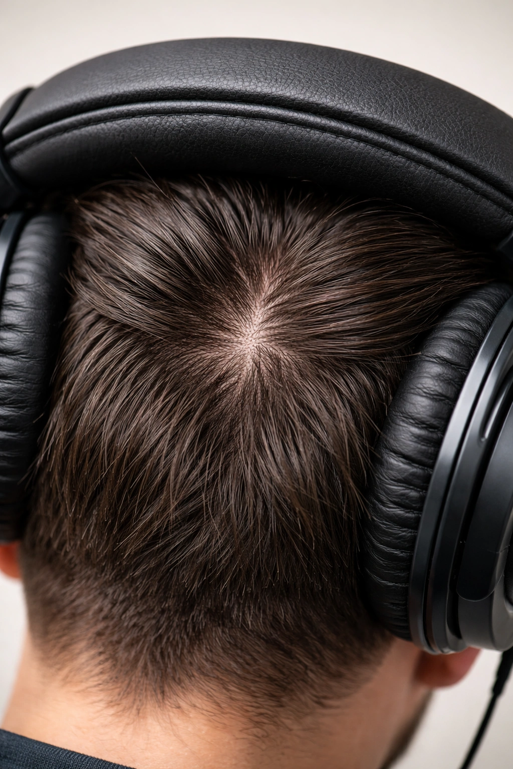 Close-up of scalp showing pressure indentation under heavy headphones