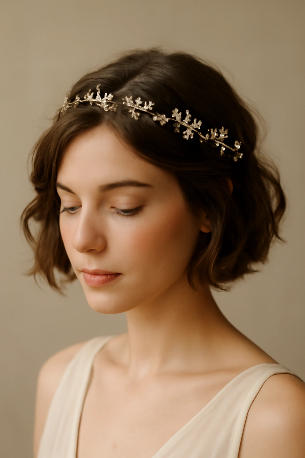 12 Bridesmaid Hairstyles That Flatter Short Hair 9 Short hair with a delicate headpiece across the crown.