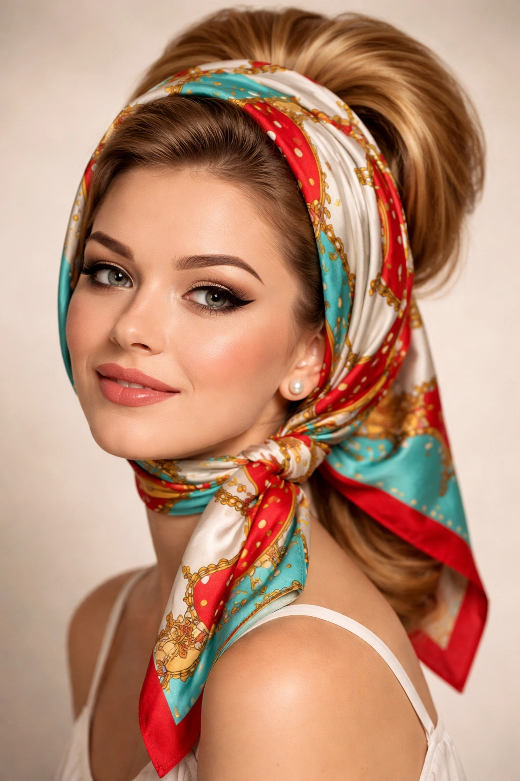 Headscarf updo with scarf framing face vintage hairstyle