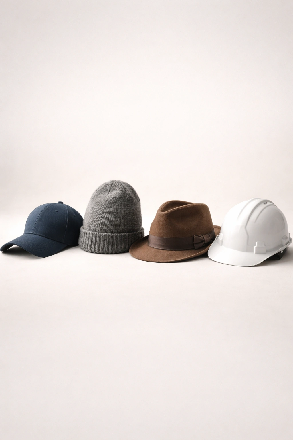 Row of different hat types on a clean surface.