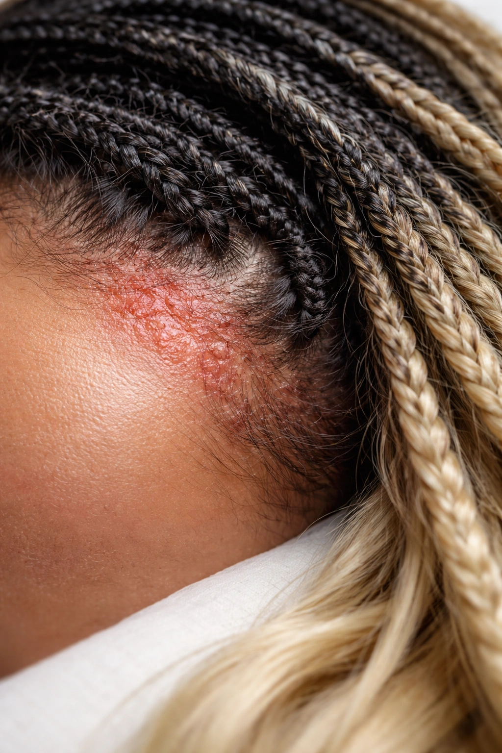 Macro close-up of irritated scalp around hairline with synthetic hair nearby