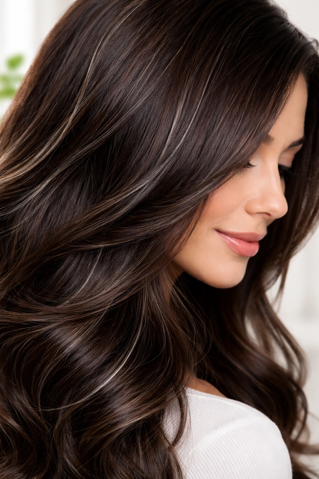 Healthy shiny brunette hair with integrated grey strands.