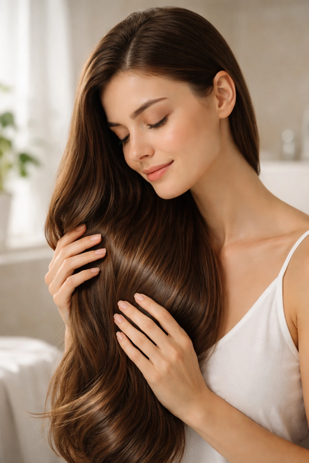 Portrait of healthy, glossy hair being cared for with a gentle touch
