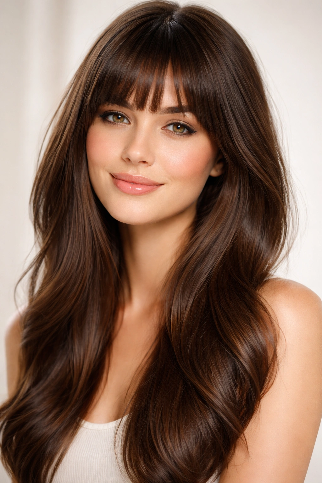 Close-up of glossy, healthy bangs in a neutral studio