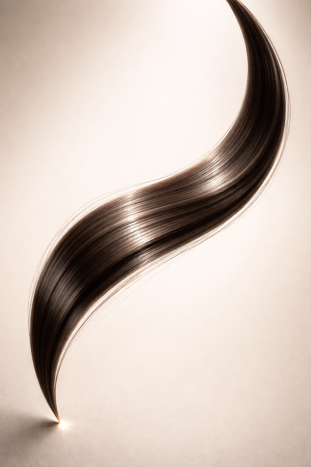 Single healthy hair strand with shine on neutral background