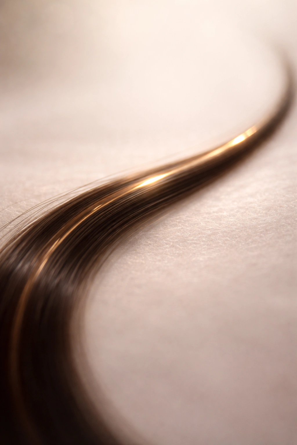 Healthy-looking hair strand on a soft neutral surface