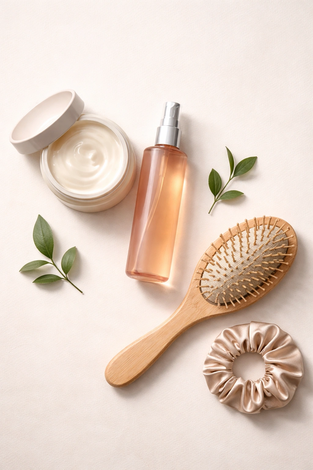 Flat lay of hair care items for healthy growth with leaf accent