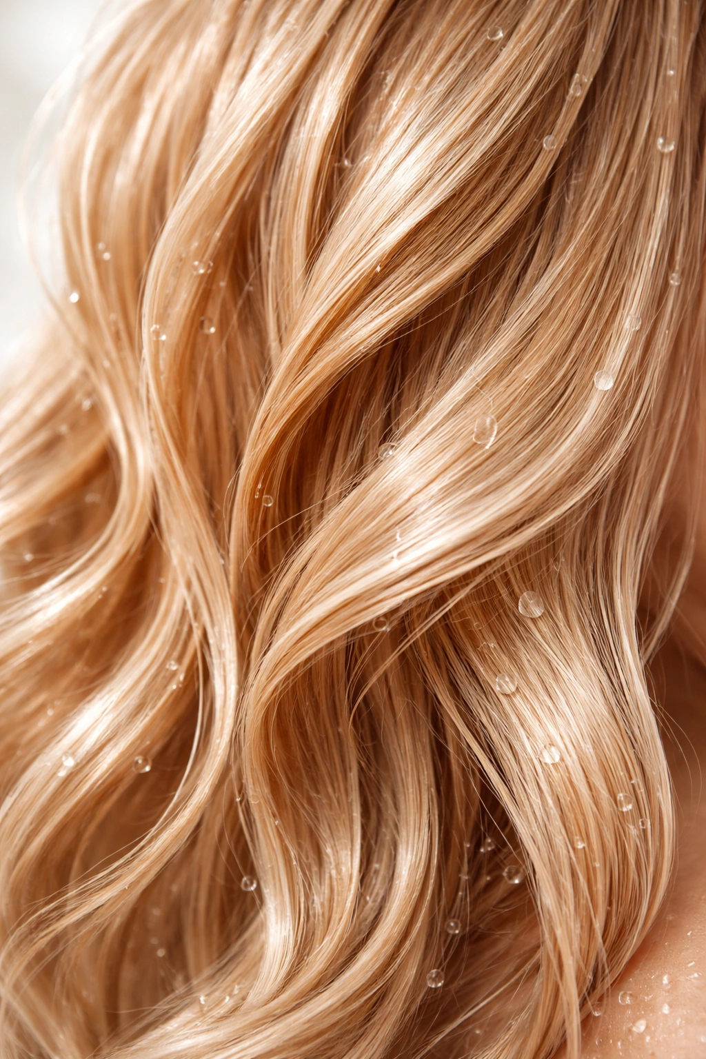Moisturized glossy hair with water droplets
