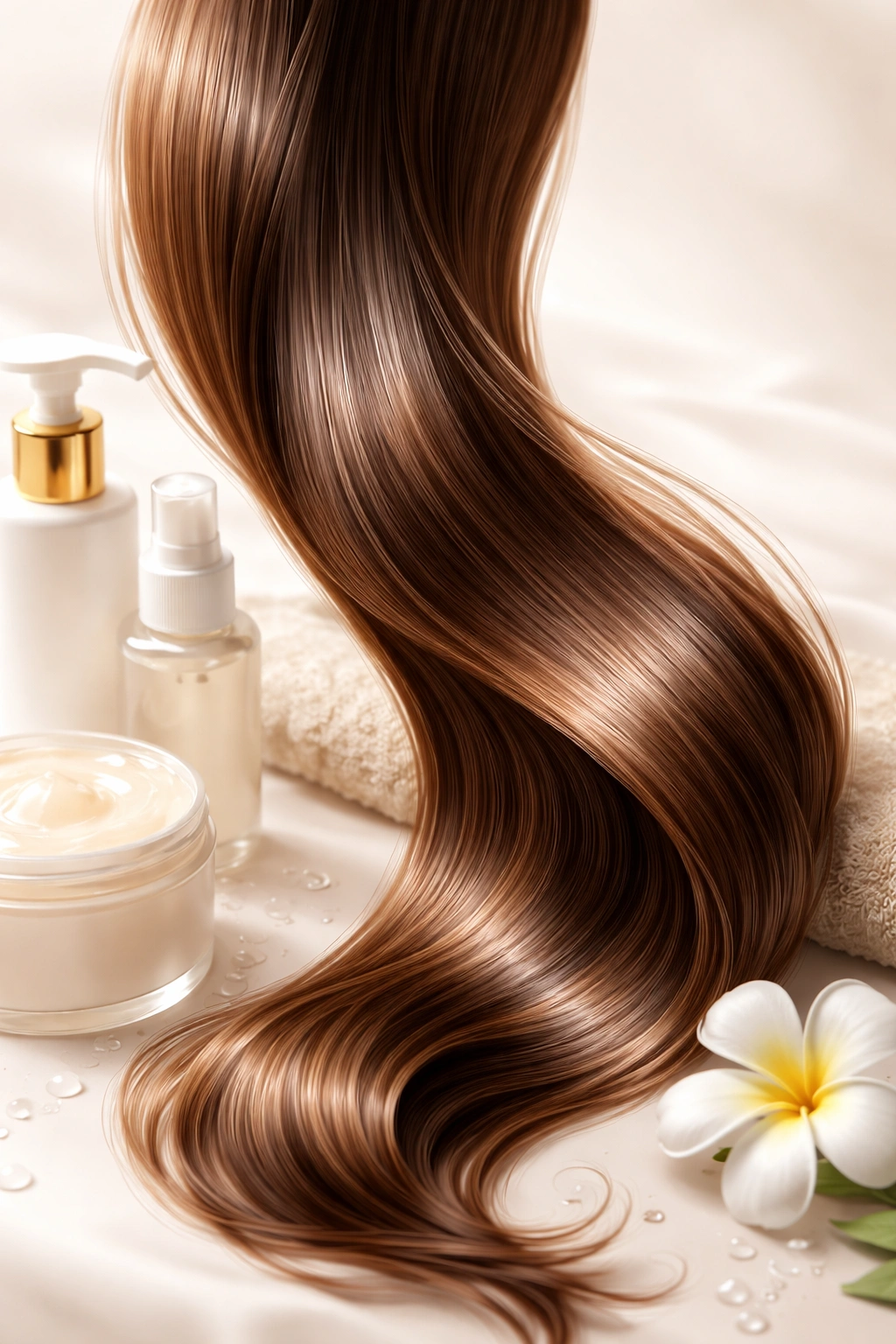 Close-up of healthy shiny hair strand under soft studio light
