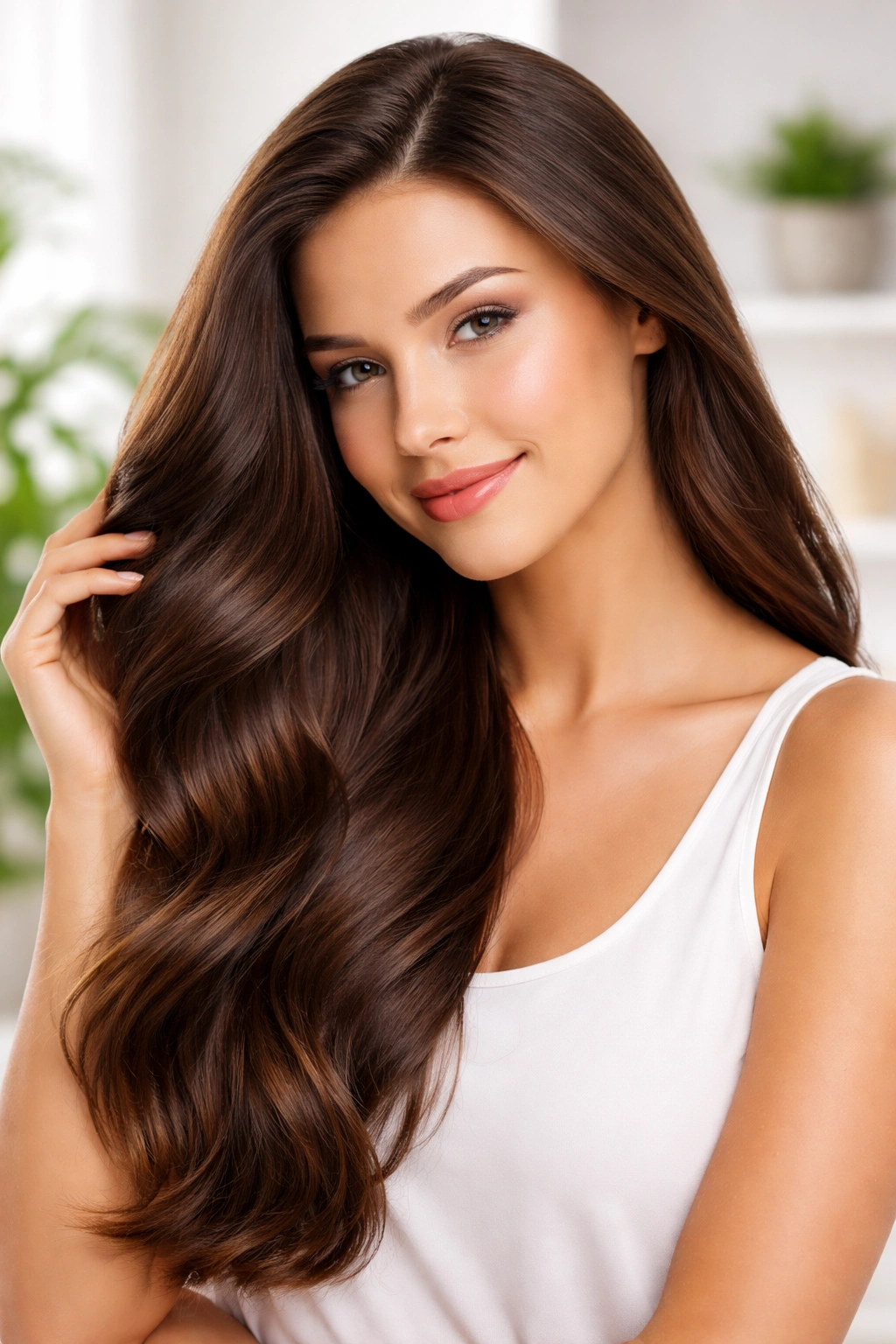 Person with healthy shiny hair in bright setting illustrating a positive verdict