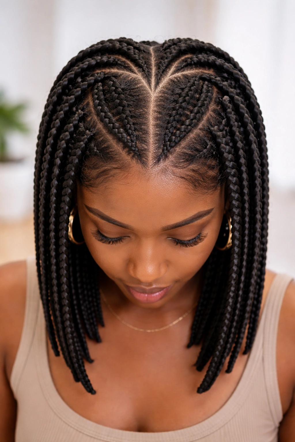 Top-down view of heart-shaped part in box braids.
