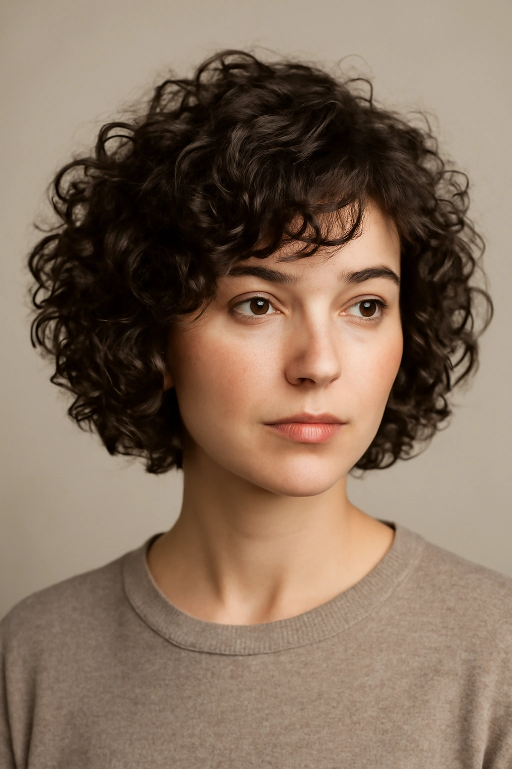 Close-up portrait of a person with a heart-shaped face and a curly bob.