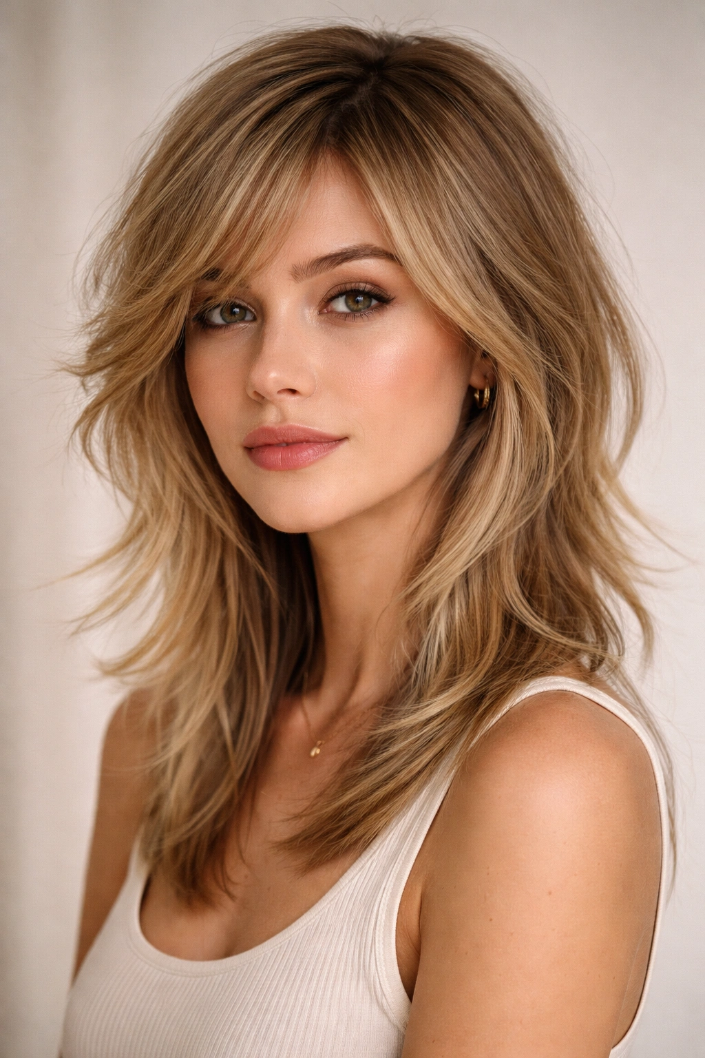 20 Shag Hairstyles Sorted By Hair And Face Type 7 Close-up portrait of a heart-shaped face model wearing a side-swept feathered shag for fine hair