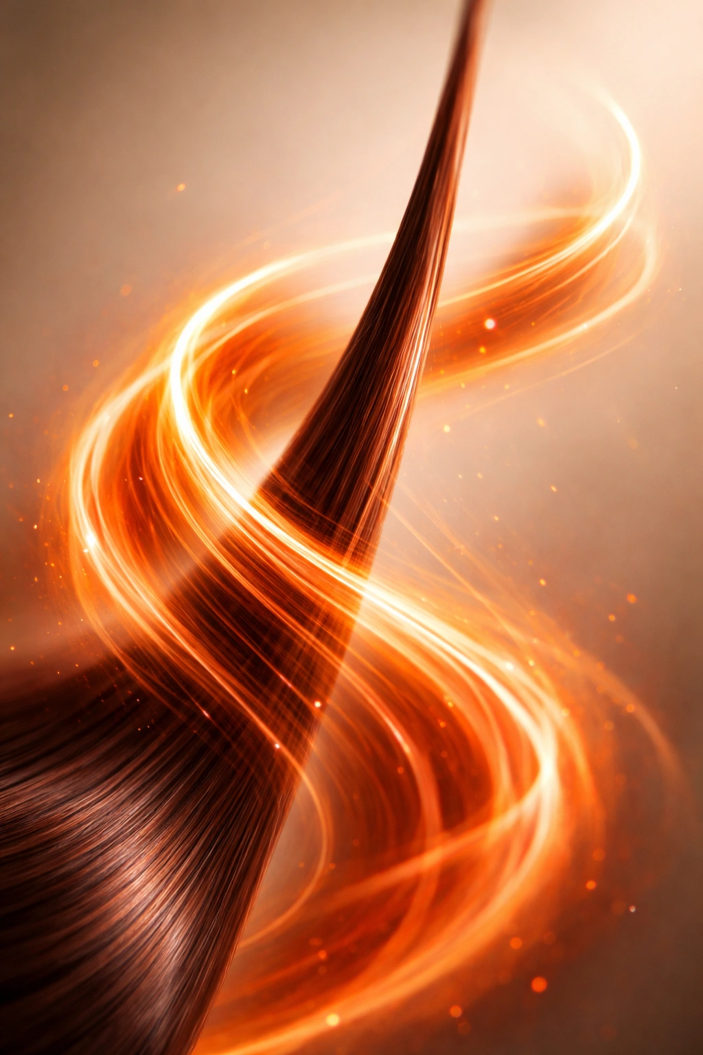 Abstract heat waves curling around a hair strand against a neutral background