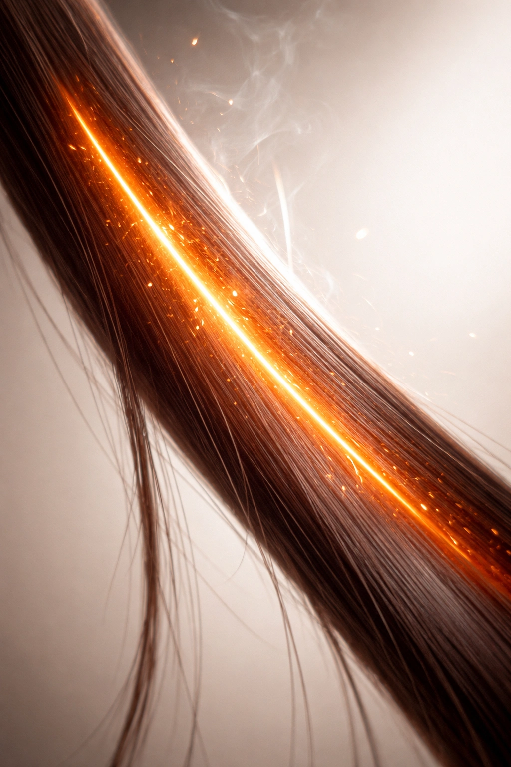 Close-up of a straightened hair strand under studio lighting showing heat impact