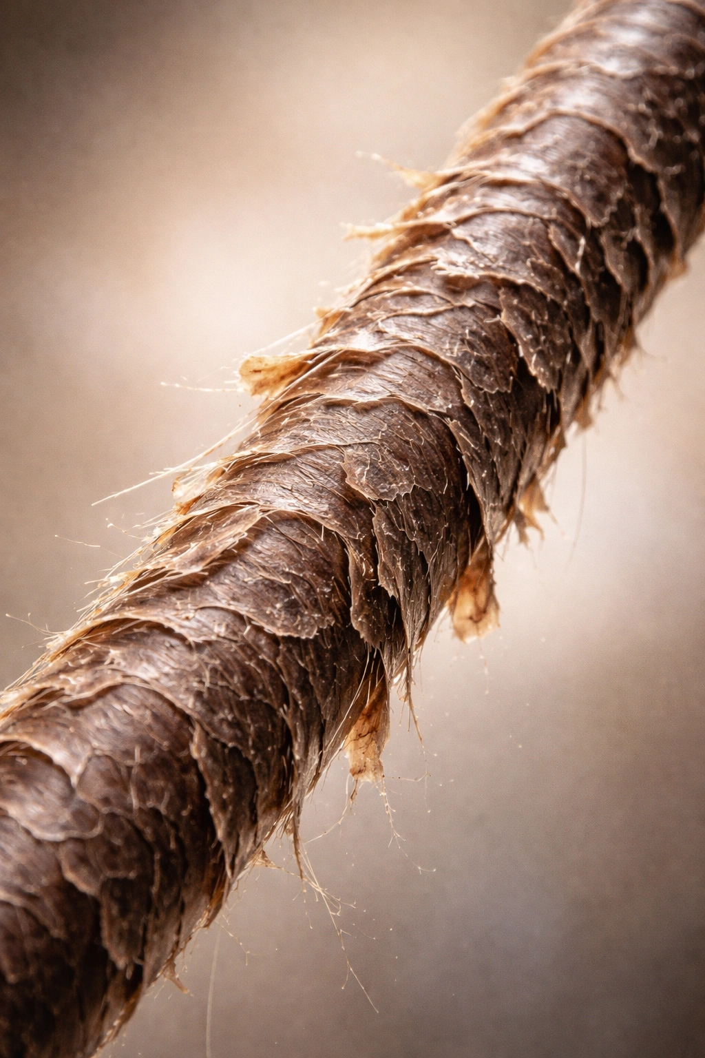 Macro of heat-damaged hair showing lifted cuticle scales