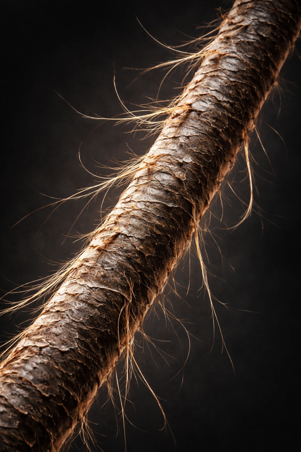 Macro hair strand showing heat-damage texture
