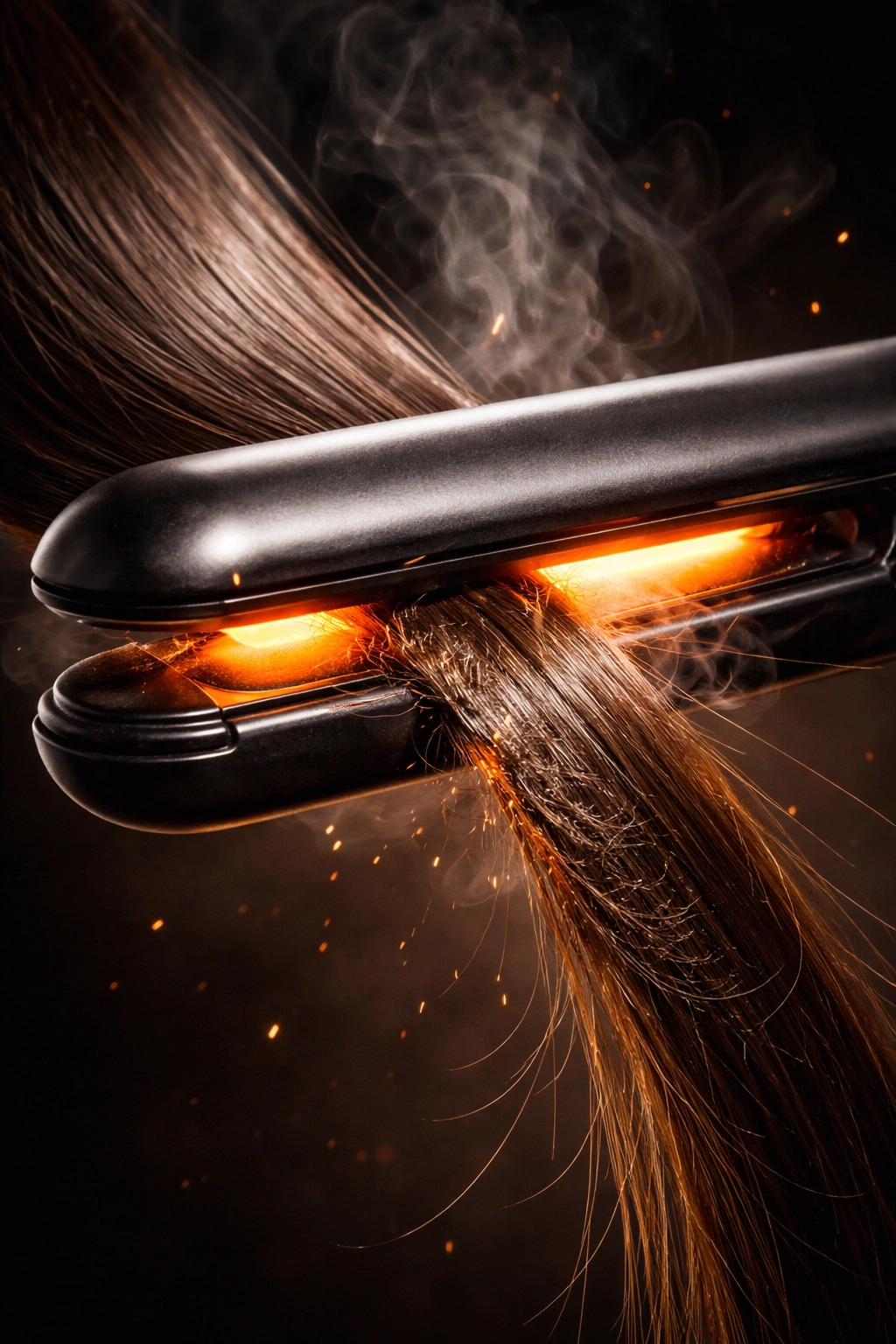 Close-up of hair near a high-heat iron showing heat risk