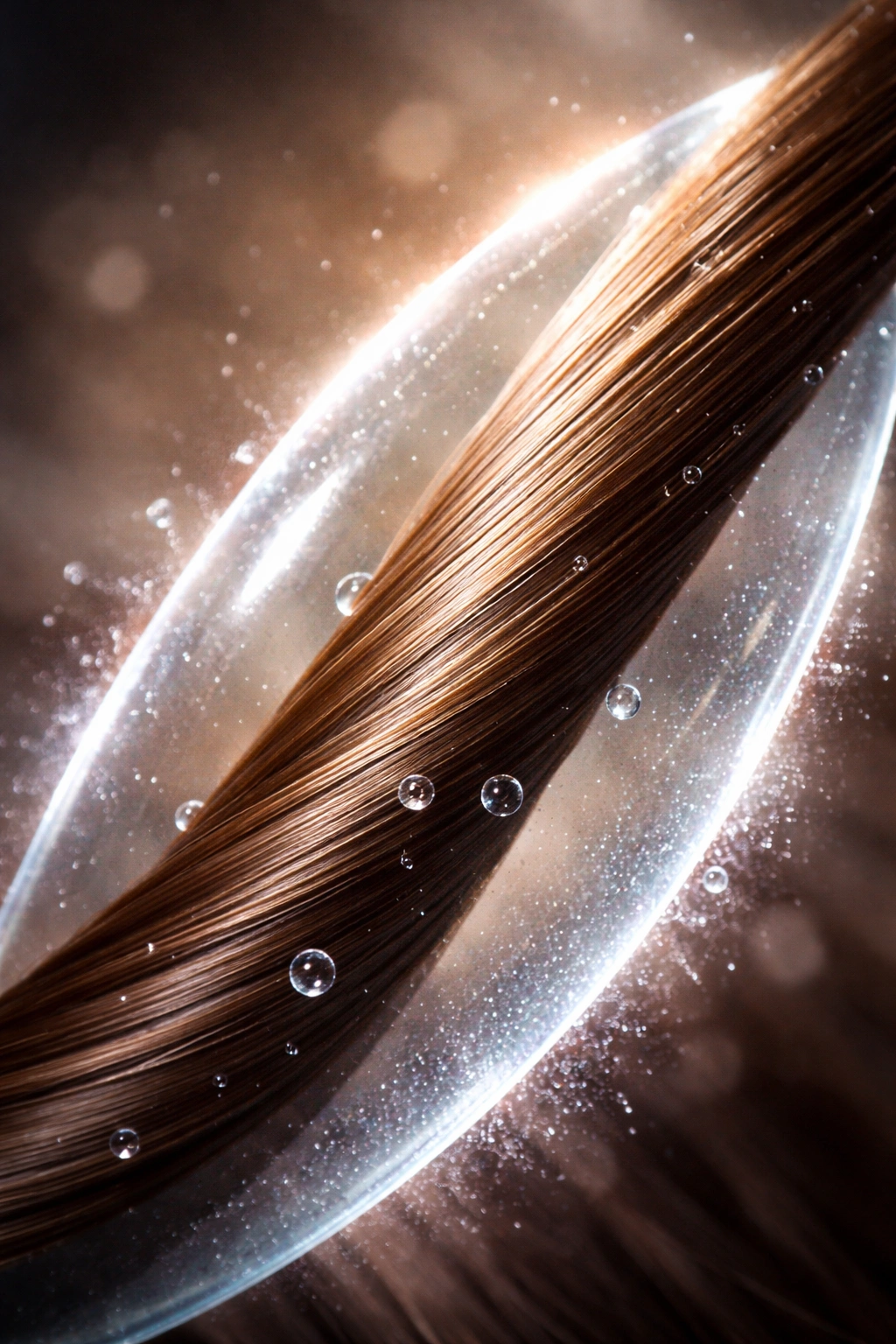 Hair strand with protective barrier illustrating heat protection