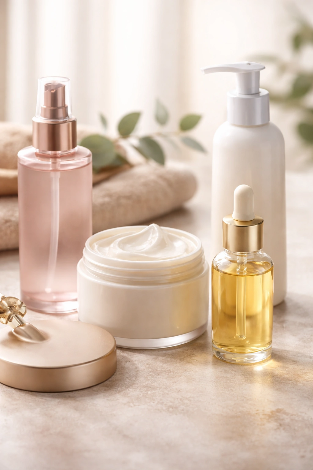 Array of hair care bottles for ends protection: heat protectant, conditioner, and hair oil