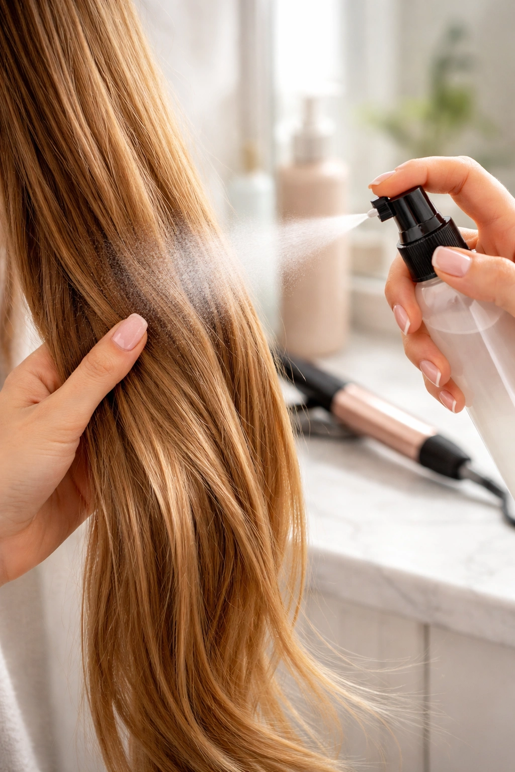 Hands applying heat protectant to hair for healthier styling.