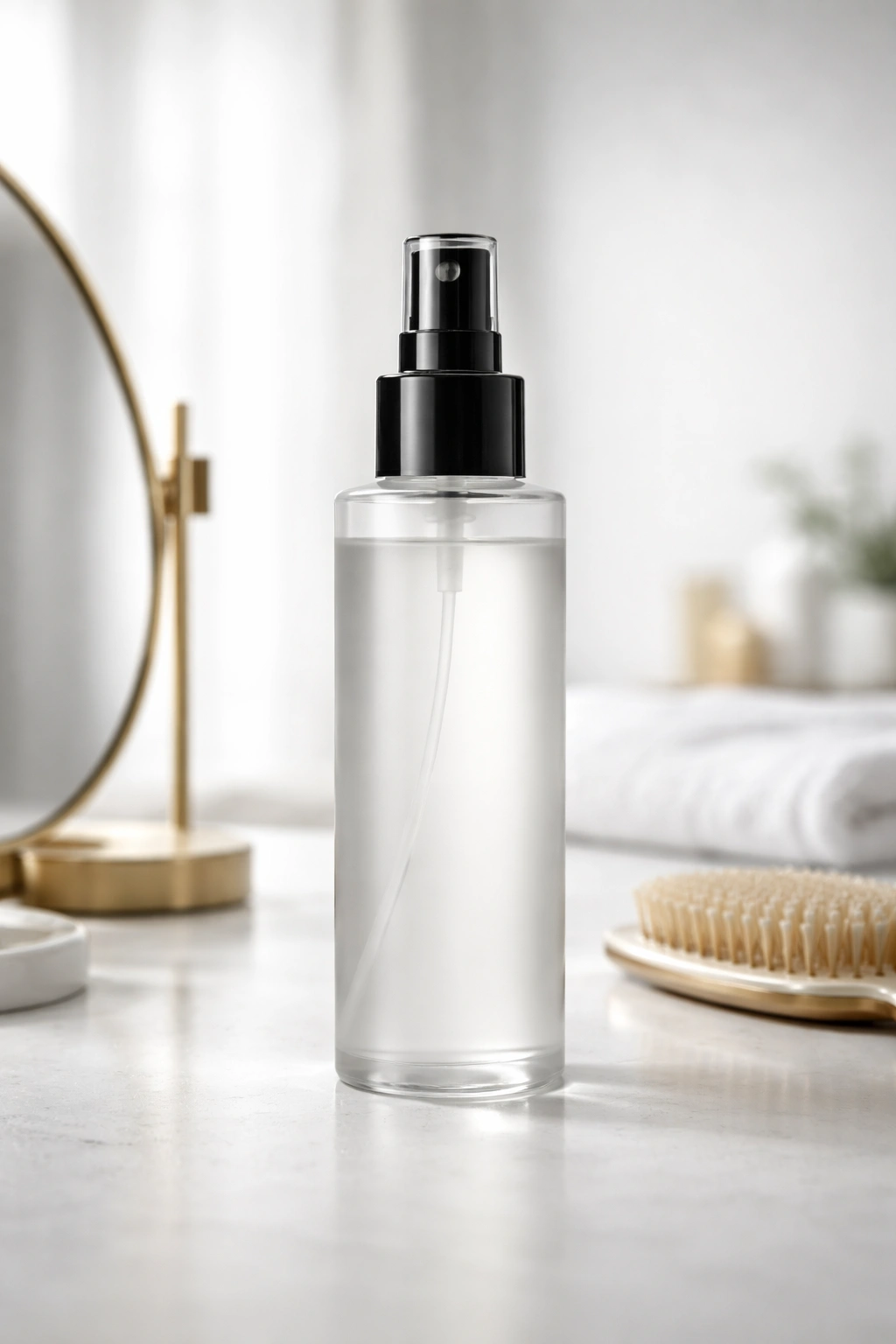Close-up of a heat protectant spray bottle on a plain surface