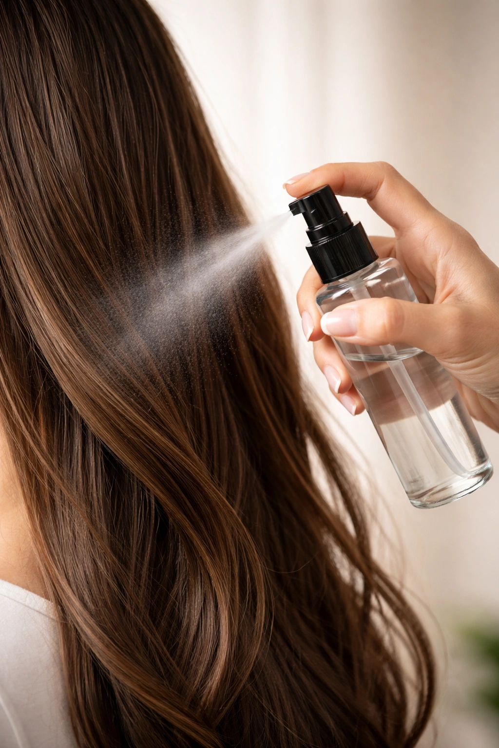 Close-up of hand applying heat-protectant spray to hair during styling