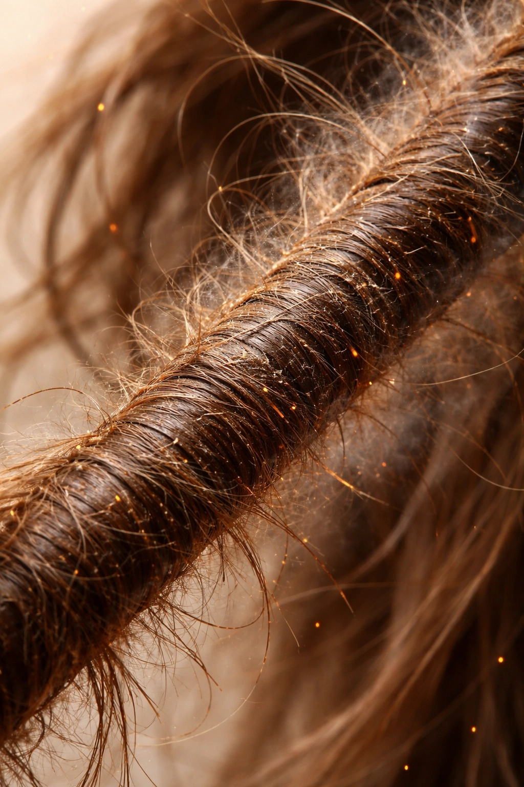 Macro close-up of heat-damaged frizzy hair due to skipping protection