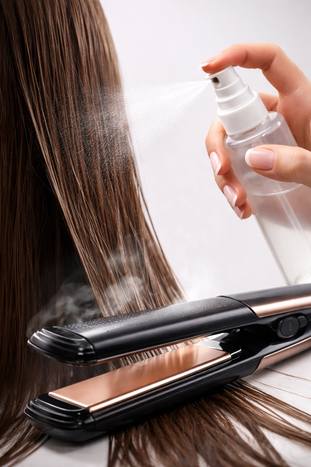 Close-up of hair straightener with spray protectant on damp hair, highlighting heat protection