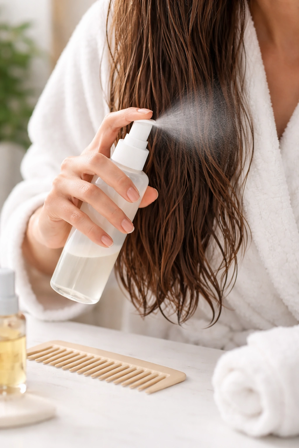 Hand applying heat protectant to damp hair with a wide-tooth comb nearby