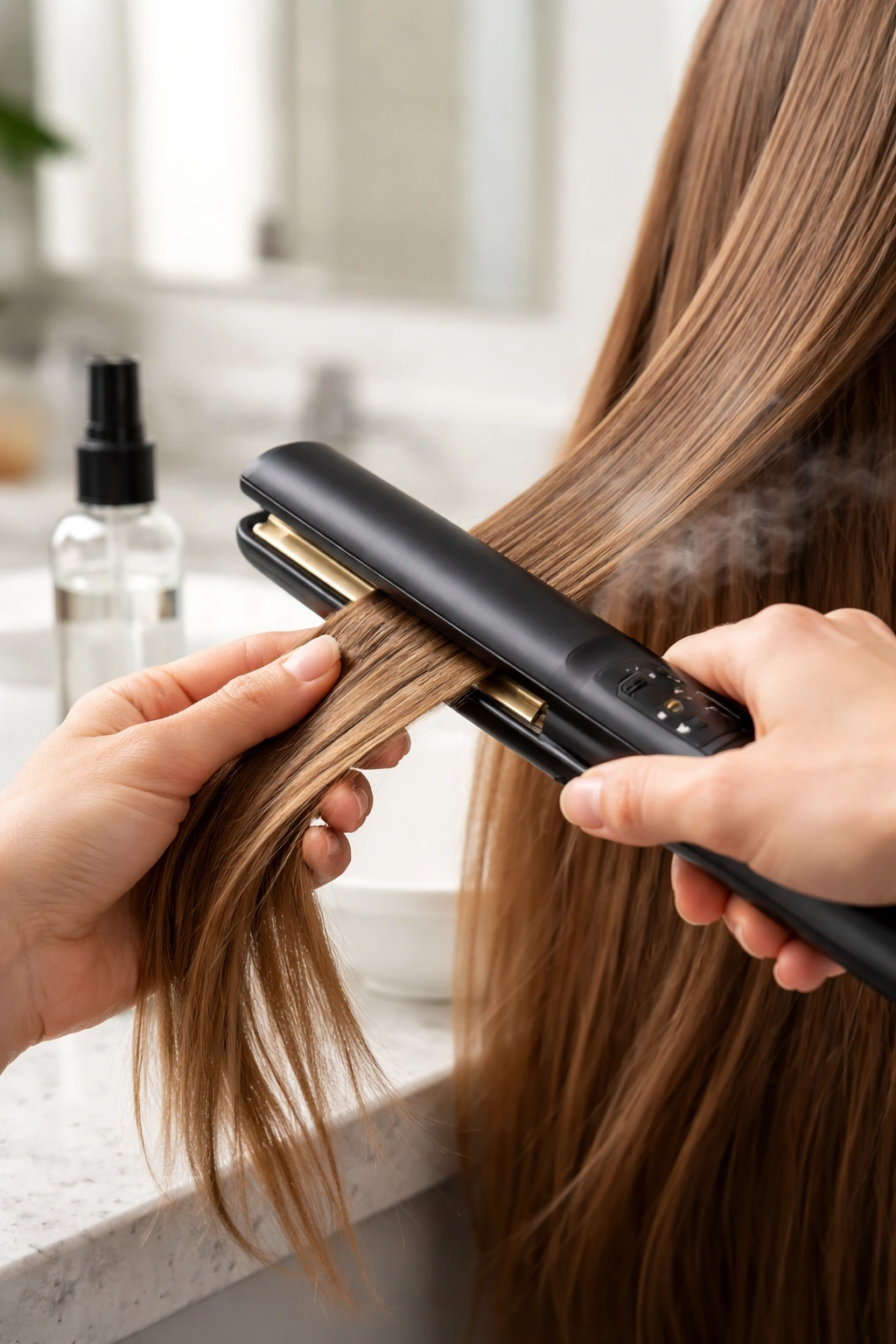 Hands using a flat iron with a heat protectant spray nearby